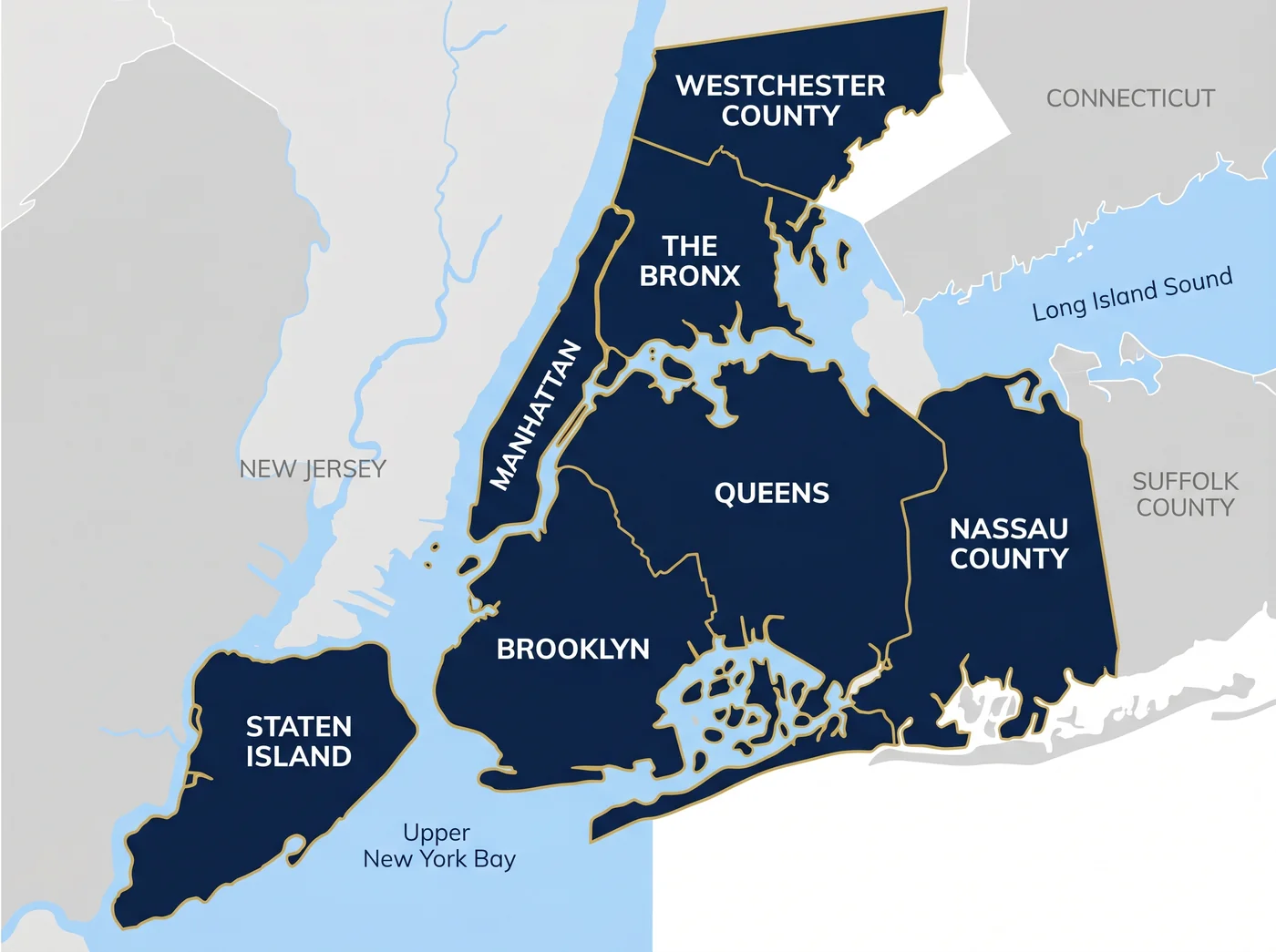 MICO Cooling Corp service area map showing NYC boroughs, Westchester, and Nassau County